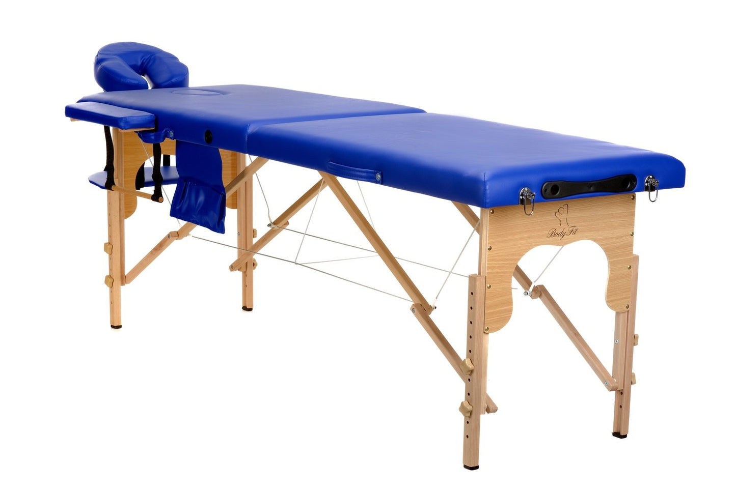 Masa de masaj pliabila idealSTORE, 2 segmente, Inaltime reglabila 62-84 cm, Piele ecologica moale, 2 cotiere laterale, Structura din lemn, Sarcina 250 KG, Rezistenta la uleiuri si apa, Include geanta de transport cadou, Albastru