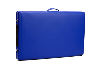 Masa de masaj pliabila idealSTORE, 2 segmente, Inaltime reglabila 62-84 cm, Piele ecologica moale, 2 cotiere laterale, Structura din lemn, Sarcina 250 KG, Rezistenta la uleiuri si apa, Include geanta de transport cadou, Albastru