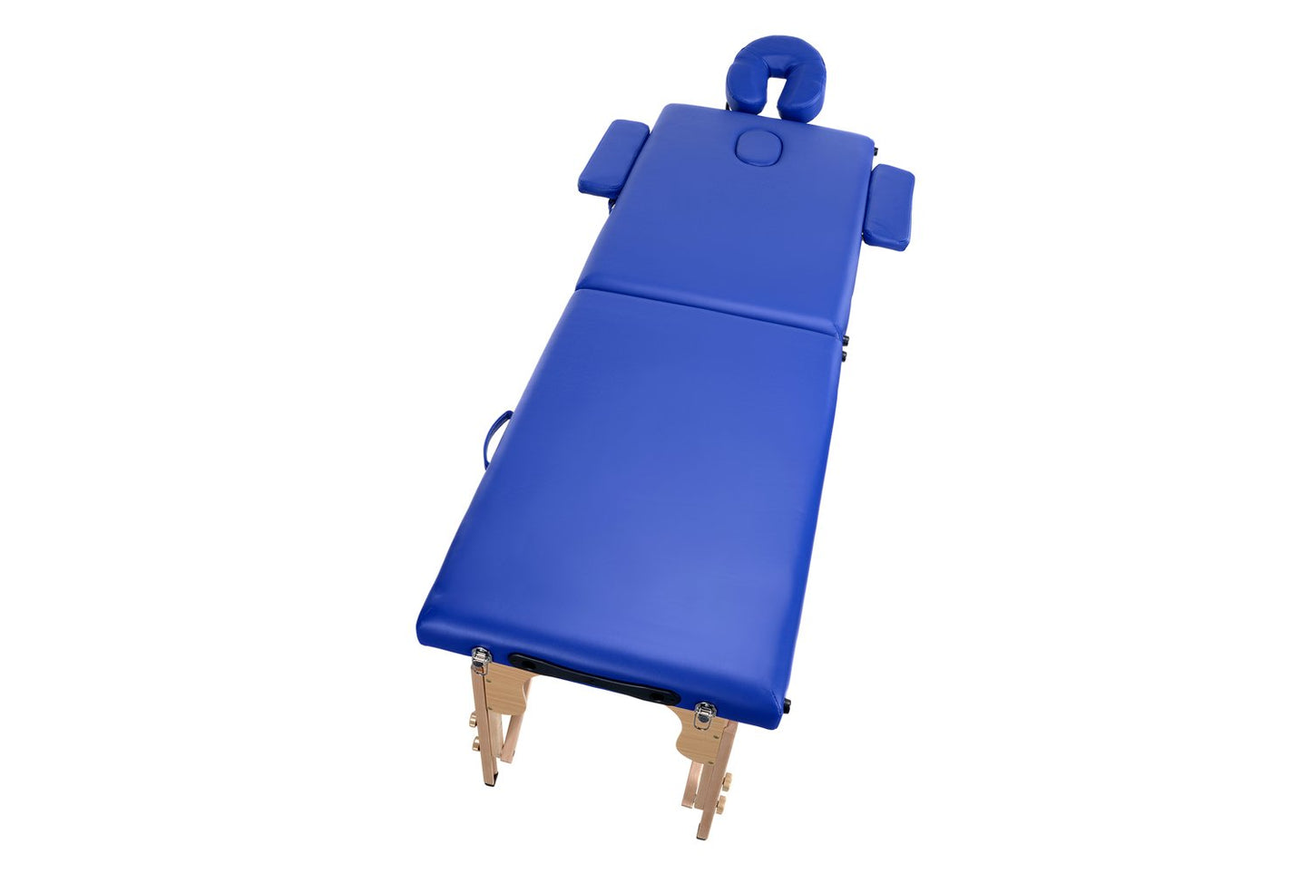 Masa de masaj pliabila idealSTORE, 2 segmente, Inaltime reglabila 62-84 cm, Piele ecologica moale, 2 cotiere laterale, Structura din lemn, Sarcina 250 KG, Rezistenta la uleiuri si apa, Include geanta de transport cadou, Albastru