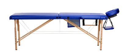 Masa de masaj pliabila idealSTORE, 2 segmente, Inaltime reglabila 62-84 cm, Piele ecologica moale, 2 cotiere laterale, Structura din lemn, Sarcina 250 KG, Rezistenta la uleiuri si apa, Include geanta de transport cadou, Albastru