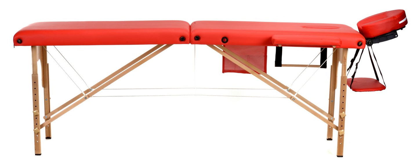 Masa de Masaj Pliabila idealSTORE, 2 Segmente, Inaltime Reglabila 62-84 cm, Piele Ecologica Moale, 2 Cotiere Laterale, Structura din Lemn, Sarcina 250 KG, Rezistenta la Uleiuri si Apa, Include Geanta de Transport Cadou, Rosu Edition