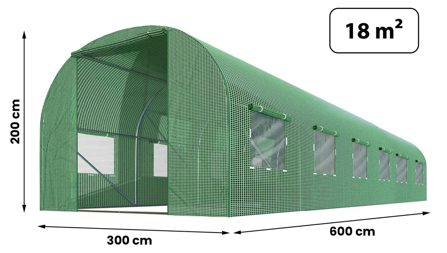 Sera Tunel idealSTORE 18 m, Cadru din Otel, 6 ferestre pe fiecare Latura, Plasa Anti Daunatori, 2 Usi, Deschidere cu Fermoar, Folie PE 140 g/m2 rezistenta la UV, Dimensiuni 600x300x200 cm, Snur sisal Gratuit