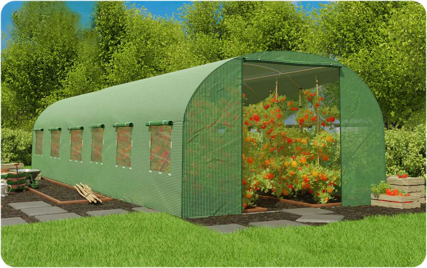 Sera Tunel idealSTORE 18 m, Cadru din Otel, 6 ferestre pe fiecare Latura, Plasa Anti Daunatori, 2 Usi, Deschidere cu Fermoar, Folie PE 140 g/m2 rezistenta la UV, Dimensiuni 600x300x200 cm, Snur sisal Gratuit