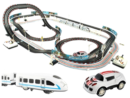 Set de joaca complex IDL DOUBLE RACING TRAIN, Include 113 piese simbolice: pista dubla, locomotiva cu 3 vagoane, elemente decorative, masinuta echipata cu LED, stimuleaza creativitatea copilului si dezvolta perfect abilitatile manuale si imaginatia