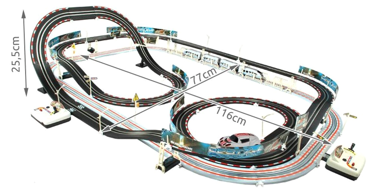 Set de joaca complex IDL DOUBLE RACING TRAIN, Include 113 piese simbolice: pista dubla, locomotiva cu 3 vagoane, elemente decorative, masinuta echipata cu LED, stimuleaza creativitatea copilului si dezvolta perfect abilitatile manuale si imaginatia