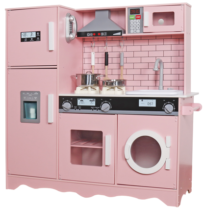 Bucatarie din lemn idealSTORE, Dimensiuni 97 x 30 x 94 cm, Material MDF, Echipata cu Efecte luminoase si Sonore, Utilata complet cu Accesorii si Ustensile specifice, Frigider, Cuptor cu Microunde, Aparat de gheata, Masina de Spalat, Dezvolta imaginatia