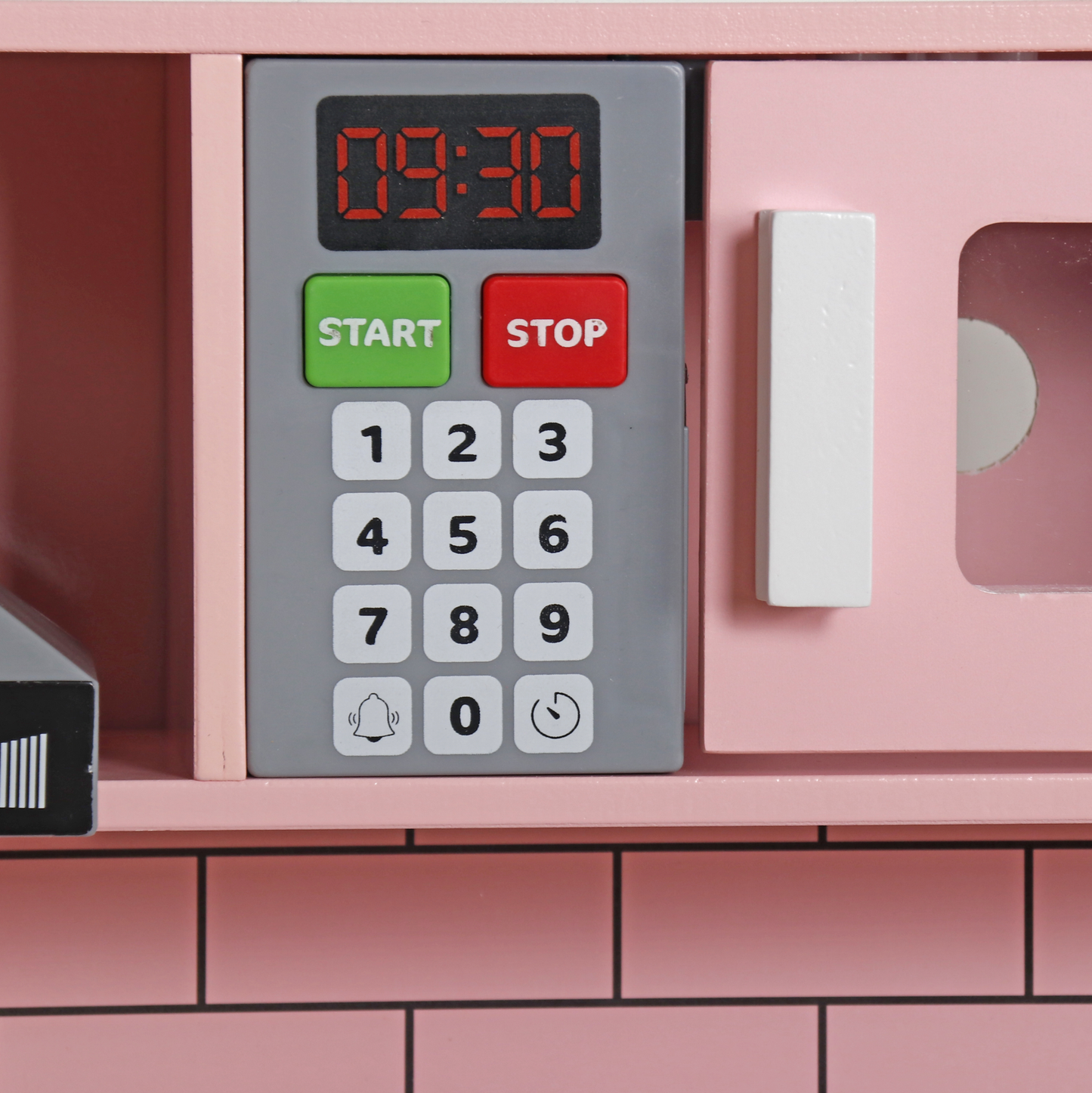 Bucatarie din lemn idealSTORE, Dimensiuni 97 x 30 x 94 cm, Material MDF, Echipata cu Efecte luminoase si Sonore, Utilata complet cu Accesorii si Ustensile specifice, Frigider, Cuptor cu Microunde, Aparat de gheata, Masina de Spalat, Dezvolta imaginatia