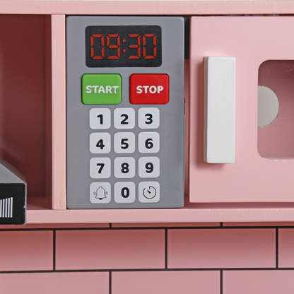 Bucatarie din lemn idealSTORE, Dimensiuni 97 x 30 x 94 cm, Material MDF, Echipata cu Efecte luminoase si Sonore, Utilata complet cu Accesorii si Ustensile specifice, Frigider, Cuptor cu Microunde, Aparat de gheata, Masina de Spalat, Dezvolta imaginatia