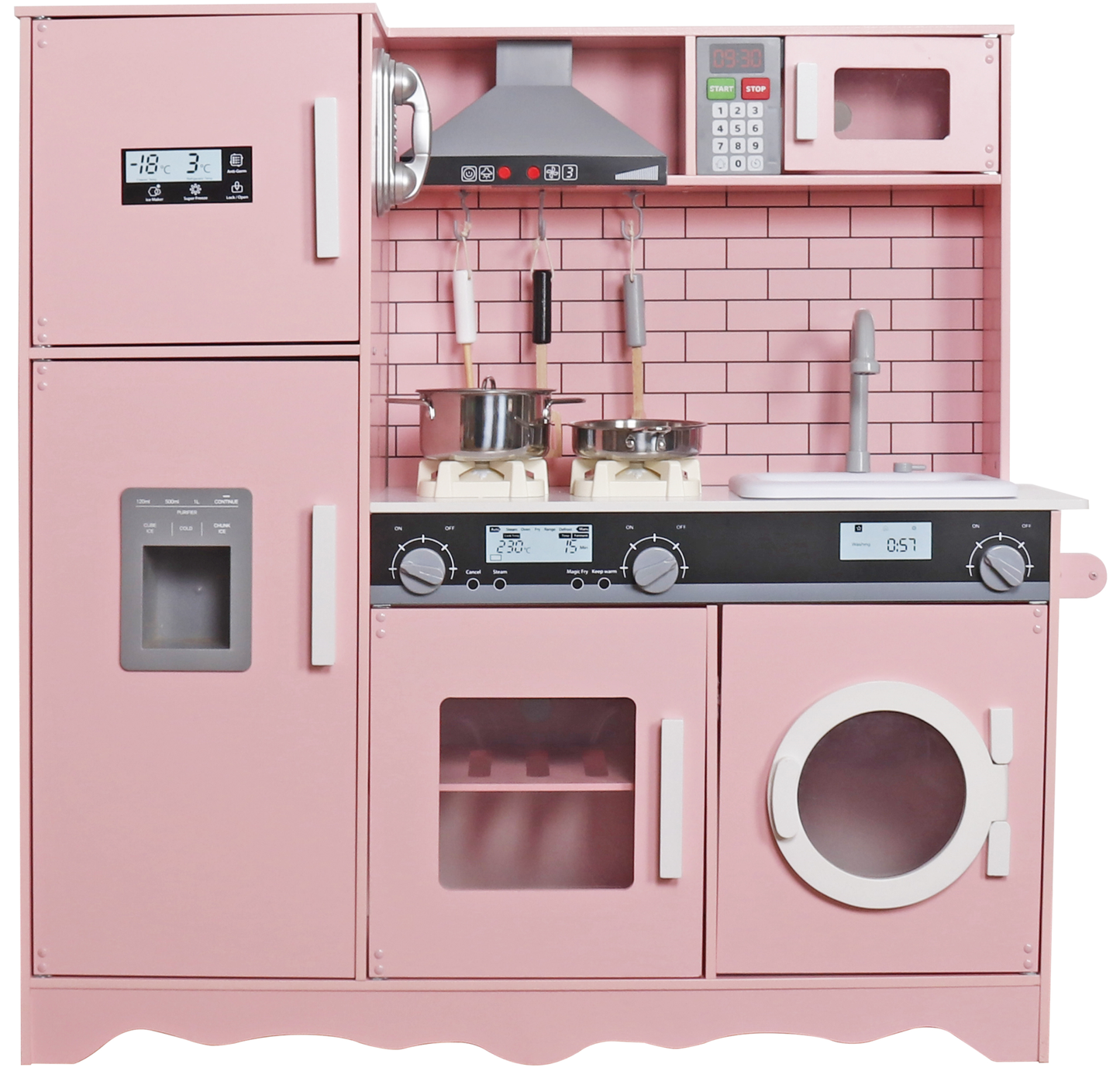 Bucatarie din lemn idealSTORE, Dimensiuni 97 x 30 x 94 cm, Material MDF, Echipata cu Efecte luminoase si Sonore, Utilata complet cu Accesorii si Ustensile specifice, Frigider, Cuptor cu Microunde, Aparat de gheata, Masina de Spalat, Dezvolta imaginatia