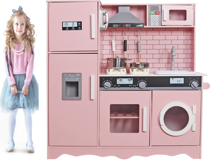 Bucatarie din lemn idealSTORE, Dimensiuni 97 x 30 x 94 cm, Material MDF, Echipata cu Efecte luminoase si Sonore, Utilata complet cu Accesorii si Ustensile specifice, Frigider, Cuptor cu Microunde, Aparat de gheata, Masina de Spalat, Dezvolta imaginatia