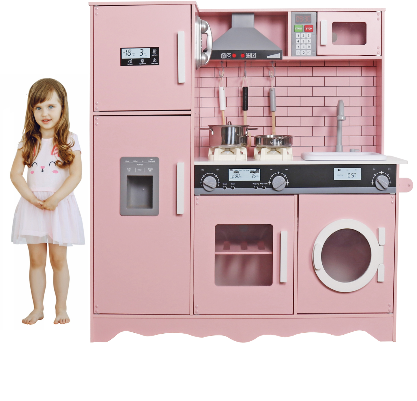 Bucatarie din lemn idealSTORE, Dimensiuni 97 x 30 x 94 cm, Material MDF, Echipata cu Efecte luminoase si Sonore, Utilata complet cu Accesorii si Ustensile specifice, Frigider, Cuptor cu Microunde, Aparat de gheata, Masina de Spalat, Dezvolta imaginatia