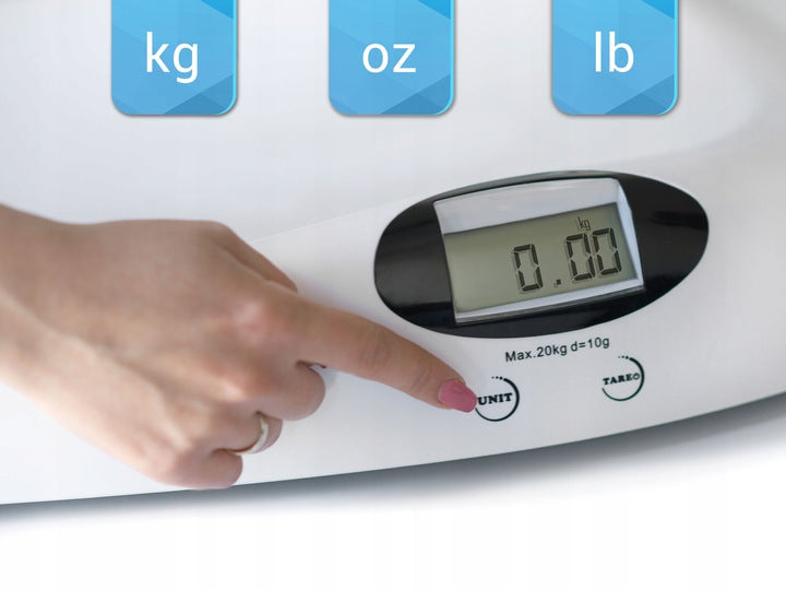 Cantar electronic pentru bebelusi idealSTORE, Forma ergonomica, Structura stabila, Ecran LCD, Blocarea rezultatului cantarii, memoria ultimei masuratori, Sarcina 20 kg
