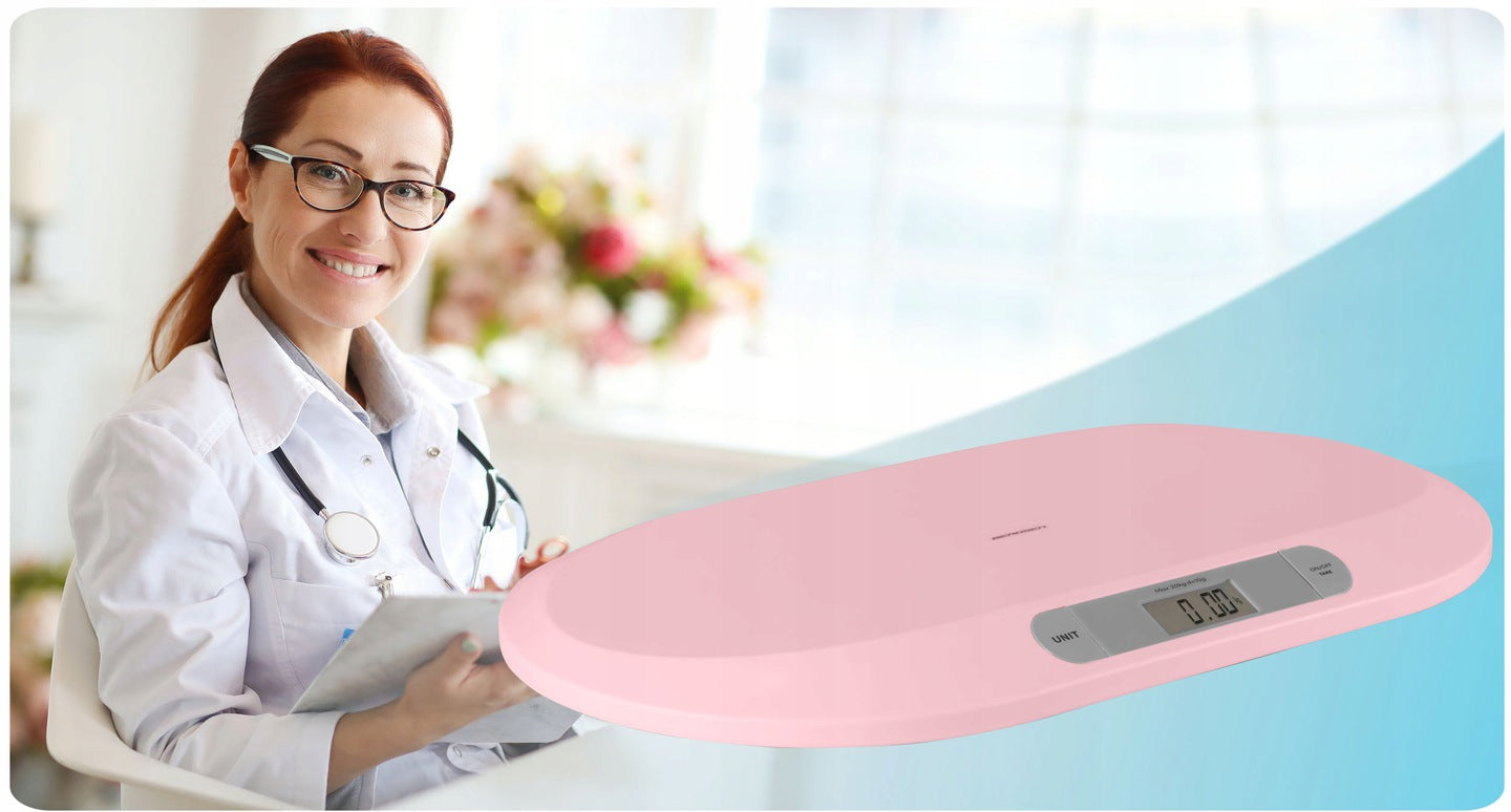 Cantar electronic pentru bebelusi idealStore BabyScale, Ergonomic, Cantarire in pozitie Culcat, Greutate maxima 20 Kg, Culoare Roz