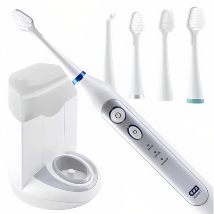 Periuta de dinti electrica IdealStore, 40.000 rotatii/min, lampa UV pentru curatarea capetelor rotative dupa utilizare, incarcare prin inductie, 3 programe de functionare, 5 capete incluse si statie de incarcare cu spatiu de depozitare a accesoriilor