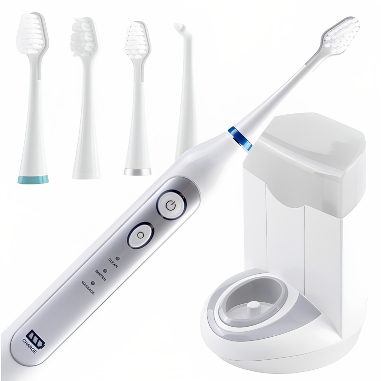 Periuta de dinti electrica IdealStore, 40.000 rotatii/min, lampa UV pentru curatarea capetelor rotative dupa utilizare, incarcare prin inductie, 3 programe de functionare, 5 capete incluse si statie de incarcare cu spatiu de depozitare a accesoriilor