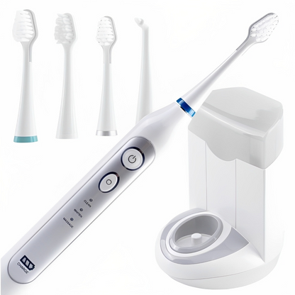 Periuta de dinti electrica IdealStore, 40.000 rotatii/min, lampa UV pentru curatarea capetelor rotative dupa utilizare, incarcare prin inductie, 3 programe de functionare, 5 capete incluse si statie de incarcare cu spatiu de depozitare a accesoriilor