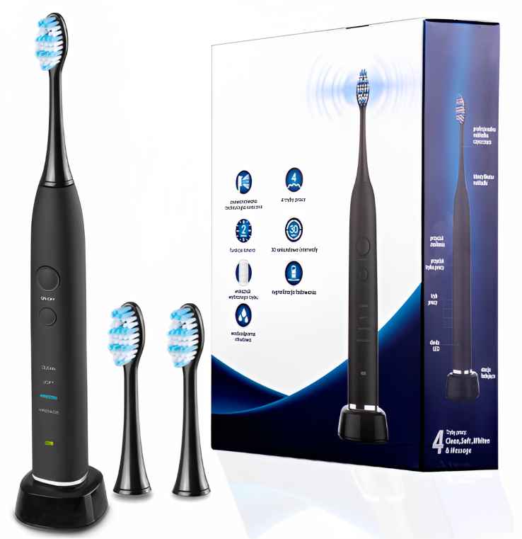 Periuta de dinti sonica profesionala IdealStore neagra, 40.000 rotatii pe minut cu 4 moduri de functionare, 3 capete interschimbabile si statie de incarcare