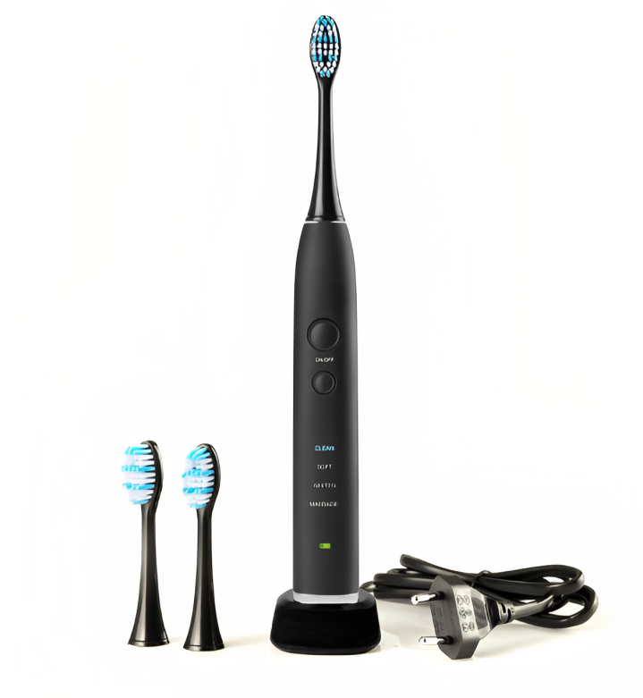 Periuta de dinti sonica profesionala IdealStore neagra, 40.000 rotatii pe minut cu 4 moduri de functionare, 3 capete interschimbabile si statie de incarcare