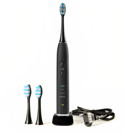 Periuta de dinti sonica profesionala IdealStore neagra, 40.000 rotatii pe minut cu 4 moduri de functionare, 3 capete interschimbabile si statie de incarcare
