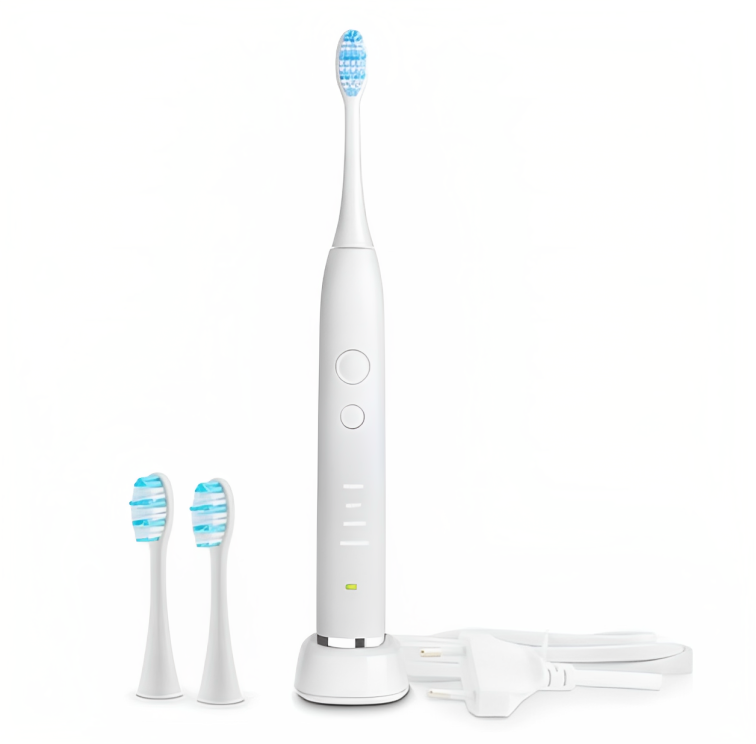 Periuta de dinti sonica profesionala IdealStore alba, 40000 rotatii pe minut cu 4 moduri de functionare, 3 capete interschimbabile si statie de incarcare