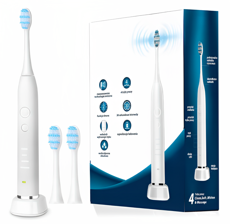 Periuta de dinti sonica profesionala IdealStore alba, 40000 rotatii pe minut cu 4 moduri de functionare, 3 capete interschimbabile si statie de incarcare