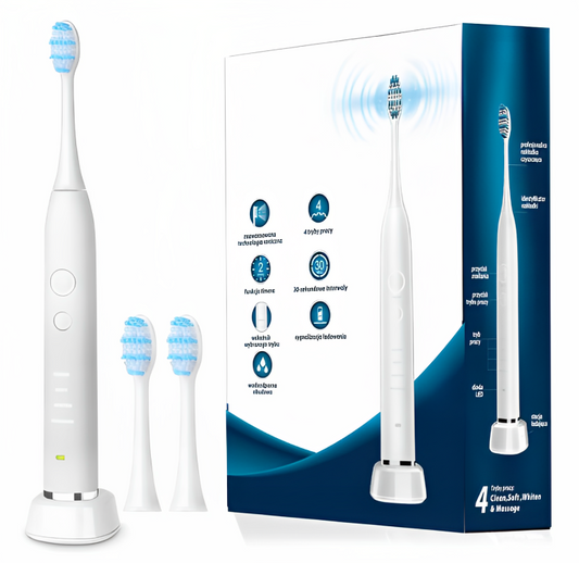 Periuta de dinti sonica profesionala IdealStore alba, 40000 rotatii pe minut cu 4 moduri de functionare, 3 capete interschimbabile si statie de incarcare