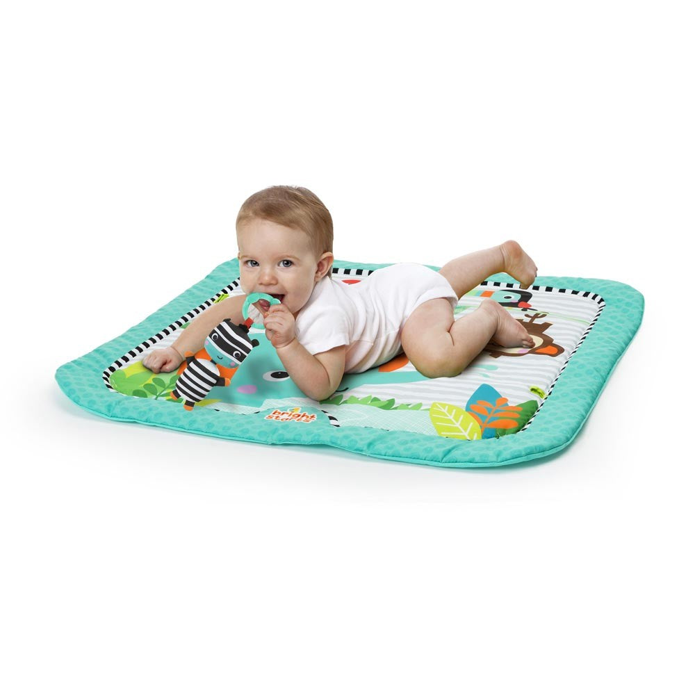 Centru de activitati tip Covoras idealSTORE ANIMAL ZOO PARTY, Dimensiuni 75 x 75 cm, Confectionat din material placut la atingere, Echipat cu jucarii simbolice, Usor de pliat