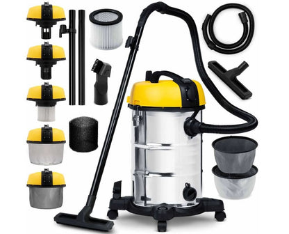 Aspirator Multifunctional SUPERCLEAN IdealStore, Capacitate 30L, Putere 1300W, Aspira atat pe suprafata uscata cat si pe cea umeda, Contine multiple accesorii pentru curatat