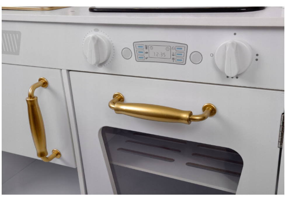 Bucatarie Luxury Kitchen din Lemn Natural pentru Copii idealSTORE, Dimensiuni 91 x 35 x 106 cm, Echipata cu Efecte luminoase si Sonore, Butoane, Utilata cu Accesorii de bucatarie, Include Plita, Cuptor, Frigider, Telefon, Hota, Chiuveta, Material MDF