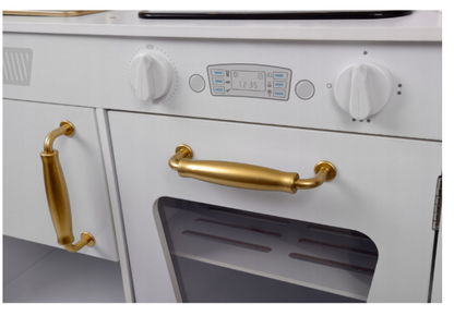 Bucatarie Luxury Kitchen din Lemn Natural pentru Copii idealSTORE, Dimensiuni 91 x 35 x 106 cm, Echipata cu Efecte luminoase si Sonore, Butoane, Utilata cu Accesorii de bucatarie, Include Plita, Cuptor, Frigider, Telefon, Hota, Chiuveta, Material MDF