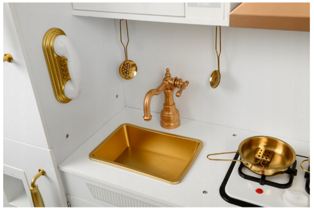 Bucatarie Luxury Kitchen din Lemn Natural pentru Copii idealSTORE, Dimensiuni 91 x 35 x 106 cm, Echipata cu Efecte luminoase si Sonore, Butoane, Utilata cu Accesorii de bucatarie, Include Plita, Cuptor, Frigider, Telefon, Hota, Chiuveta, Material MDF