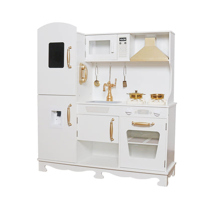 Bucatarie Luxury Kitchen din Lemn Natural pentru Copii idealSTORE, Dimensiuni 91 x 35 x 106 cm, Echipata cu Efecte luminoase si Sonore, Butoane, Utilata cu Accesorii de bucatarie, Include Plita, Cuptor, Frigider, Telefon, Hota, Chiuveta, Material MDF