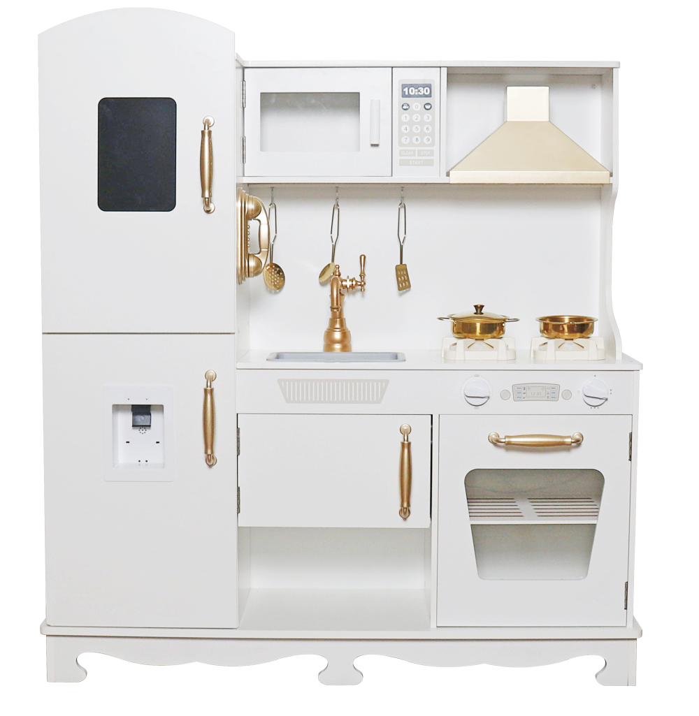 Bucatarie Luxury Kitchen din Lemn Natural pentru Copii idealSTORE, Dimensiuni 91 x 35 x 106 cm, Echipata cu Efecte luminoase si Sonore, Butoane, Utilata cu Accesorii de bucatarie, Include Plita, Cuptor, Frigider, Telefon, Hota, Chiuveta, Material MDF