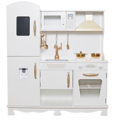 Bucatarie Luxury Kitchen din Lemn Natural pentru Copii idealSTORE, Dimensiuni 91 x 35 x 106 cm, Echipata cu Efecte luminoase si Sonore, Butoane, Utilata cu Accesorii de bucatarie, Include Plita, Cuptor, Frigider, Telefon, Hota, Chiuveta, Material MDF
