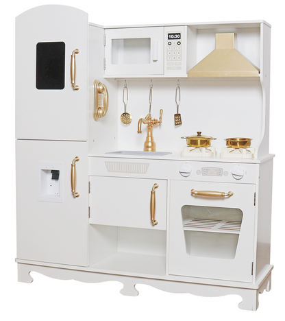 Bucatarie Luxury Kitchen din Lemn Natural pentru Copii idealSTORE, Dimensiuni 91 x 35 x 106 cm, Echipata cu Efecte luminoase si Sonore, Butoane, Utilata cu Accesorii de bucatarie, Include Plita, Cuptor, Frigider, Telefon, Hota, Chiuveta, Material MDF
