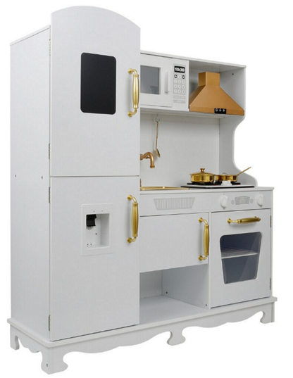 Bucatarie Luxury Kitchen din Lemn Natural pentru Copii idealSTORE, Dimensiuni 91 x 35 x 106 cm, Echipata cu Efecte luminoase si Sonore, Butoane, Utilata cu Accesorii de bucatarie, Include Plita, Cuptor, Frigider, Telefon, Hota, Chiuveta, Material MDF