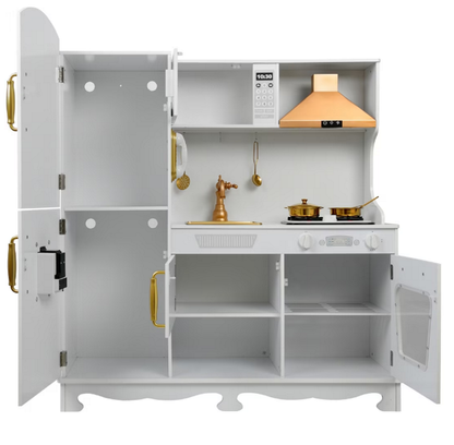 Bucatarie Luxury Kitchen din Lemn Natural pentru Copii idealSTORE, Dimensiuni 91 x 35 x 106 cm, Echipata cu Efecte luminoase si Sonore, Butoane, Utilata cu Accesorii de bucatarie, Include Plita, Cuptor, Frigider, Telefon, Hota, Chiuveta, Material MDF