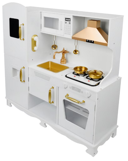 Bucatarie Luxury Kitchen din Lemn Natural pentru Copii idealSTORE, Dimensiuni 91 x 35 x 106 cm, Echipata cu Efecte luminoase si Sonore, Butoane, Utilata cu Accesorii de bucatarie, Include Plita, Cuptor, Frigider, Telefon, Hota, Chiuveta, Material MDF