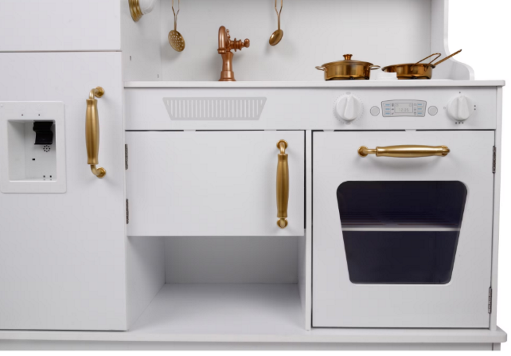 Bucatarie Luxury Kitchen din Lemn Natural pentru Copii idealSTORE, Dimensiuni 91 x 35 x 106 cm, Echipata cu Efecte luminoase si Sonore, Butoane, Utilata cu Accesorii de bucatarie, Include Plita, Cuptor, Frigider, Telefon, Hota, Chiuveta, Material MDF