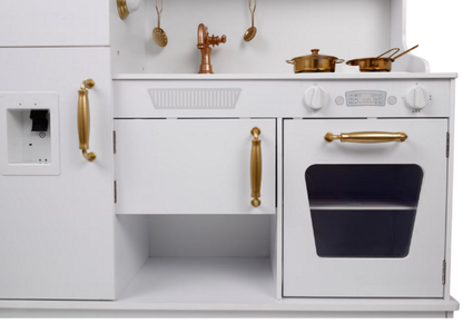 Bucatarie Luxury Kitchen din Lemn Natural pentru Copii idealSTORE, Dimensiuni 91 x 35 x 106 cm, Echipata cu Efecte luminoase si Sonore, Butoane, Utilata cu Accesorii de bucatarie, Include Plita, Cuptor, Frigider, Telefon, Hota, Chiuveta, Material MDF