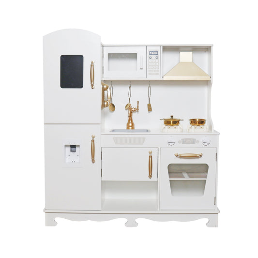 Bucatarie Luxury Kitchen din Lemn Natural pentru Copii idealSTORE, Dimensiuni 91 x 35 x 106 cm, Echipata cu Efecte luminoase si Sonore, Butoane, Utilata cu Accesorii de bucatarie, Include Plita, Cuptor, Frigider, Telefon, Hota, Chiuveta, Material MDF