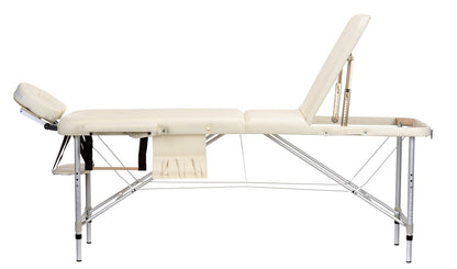 Masa De Masaj Pliabila idealStore, 3 Sectiuni, Inaltime Reglabila 65-87 cm, Piele Ecologica Moale, 2 Cotiere Laterale, Tetiera, Sacrina 250 kg, Structura din Aluminiu, Rezistenta la Uleiuri si Apa, Geanta de Transport, Crem