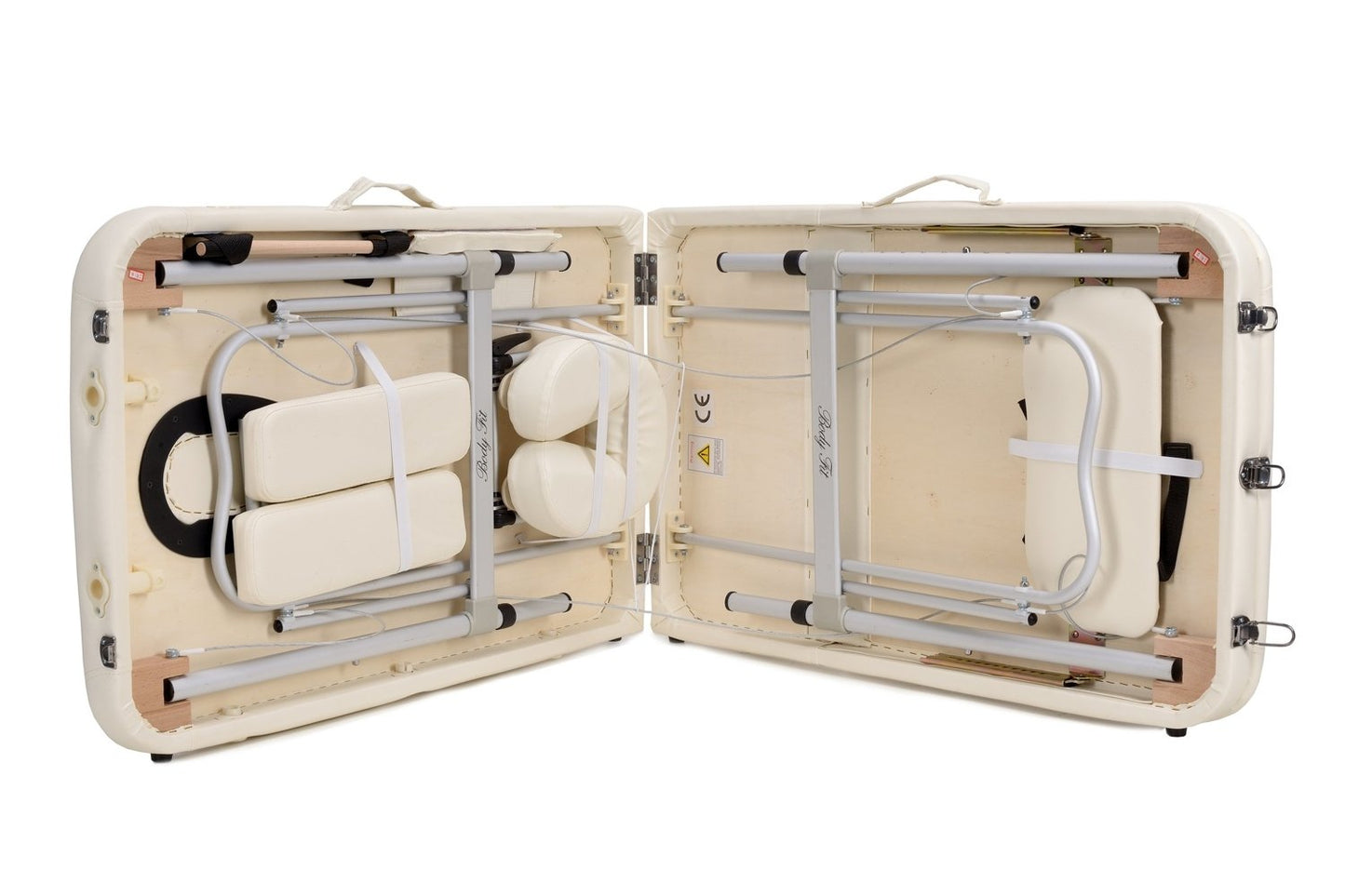 Masa De Masaj Pliabila idealStore, 3 Sectiuni, Inaltime Reglabila 65-87 cm, Piele Ecologica Moale, 2 Cotiere Laterale, Tetiera, Sacrina 250 kg, Structura din Aluminiu, Rezistenta la Uleiuri si Apa, Geanta de Transport, Crem