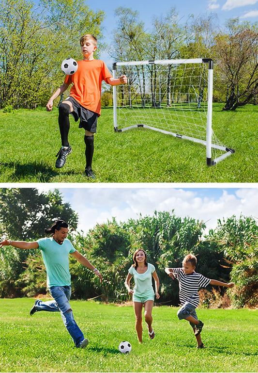 Set de Fotbal FootBall Game idealStore, Poarta Pliabila, Plasa Rezistenta, 4 Carlige de Prindere, Minge, Pompa Inclusa, Dezvolta Abilitati Motorii, Exercita Acuratetea