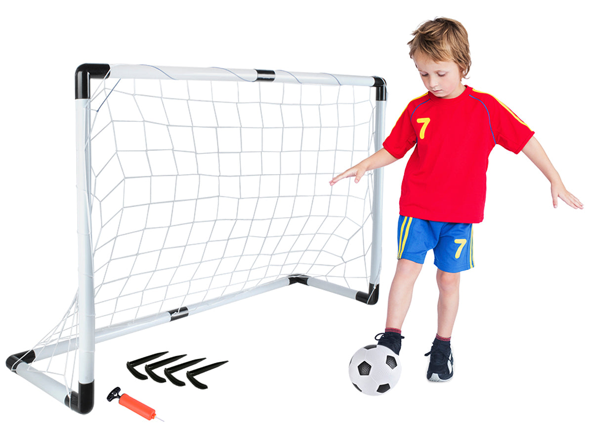 Set de Fotbal FootBall Game idealStore, Poarta Pliabila, Plasa Rezistenta, 4 Carlige de Prindere, Minge, Pompa Inclusa, Dezvolta Abilitati Motorii, Exercita Acuratetea