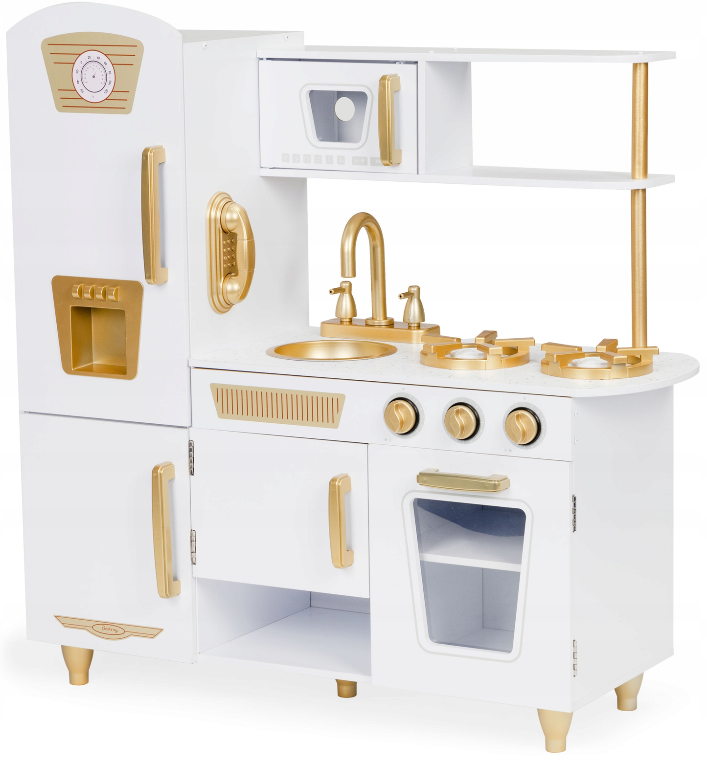 Bucatarie din Lemn idealStore WhiteLux, Dotata cu Aragaz Pentru Copii, Chiuveta Frigider, Dozator de Apa, Cuptor cu Microunde Dezvolta Abilitatile Manuale, Imaginatia, Creativitatea, Design Realistic