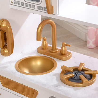 Bucatarie din Lemn idealStore WhiteLux, Dotata cu Aragaz Pentru Copii, Chiuveta Frigider, Dozator de Apa, Cuptor cu Microunde Dezvolta Abilitatile Manuale, Imaginatia, Creativitatea, Design Realistic