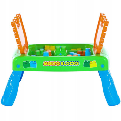 Set Masuta cu blocuri de construit MoltoBlocks idealSTORE, Dimensiuni 64 x 46 x 27 cm, Include 20 de blocuri de diferite culori, Loc pentru depozitarea blocurilor, Ajuta la cresterea indemanarii si a imaginatiei, Culoare Verde- Albastru