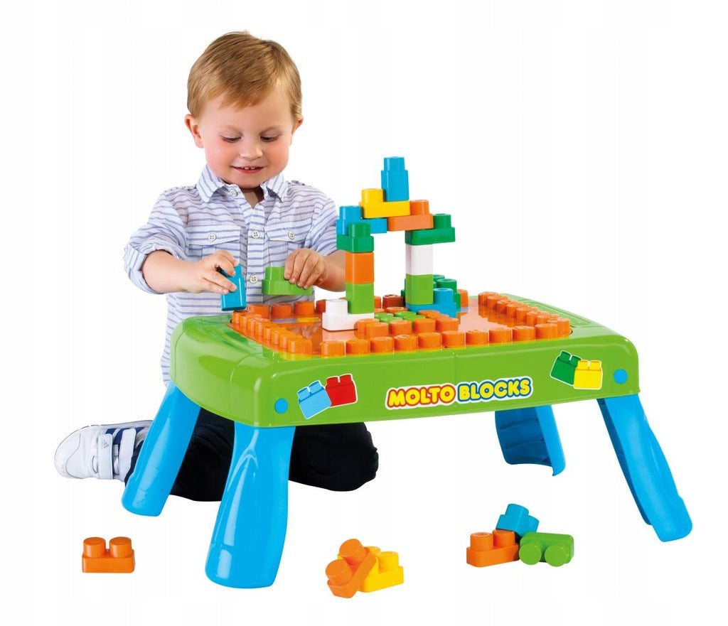 Set Masuta cu blocuri de construit MoltoBlocks idealSTORE, Dimensiuni 64 x 46 x 27 cm, Include 20 de blocuri de diferite culori, Loc pentru depozitarea blocurilor, Ajuta la cresterea indemanarii si a imaginatiei, Culoare Verde- Albastru