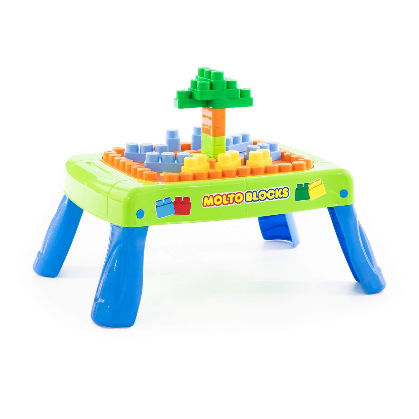 Set Masuta cu blocuri de construit MoltoBlocks idealSTORE, Dimensiuni 64 x 46 x 27 cm, Include 20 de blocuri de diferite culori, Loc pentru depozitarea blocurilor, Ajuta la cresterea indemanarii si a imaginatiei, Culoare Verde- Albastru